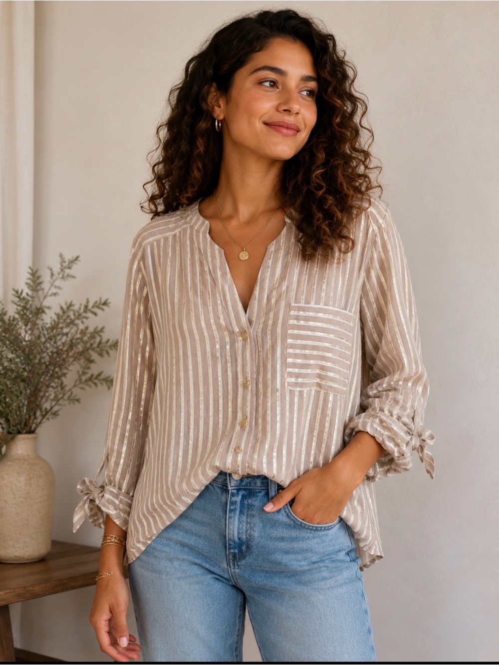 Anne Klein Taupe and White Striped Button-Down Blouse